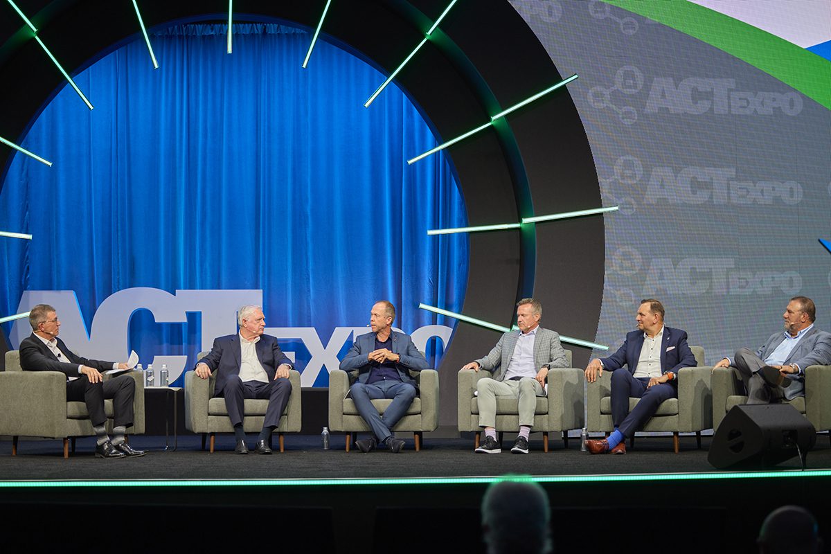 OEM Panel at ACT Expo mainstage with John O' Leary of Daimler Truck North America, Mathias Carlbaum of Navistar, Jason Skoog of Peterbilt and PACCAR, Peter Voorhoeve of Volvo Trucks North America, and Jonathan Randall of Mack Trucks North America.