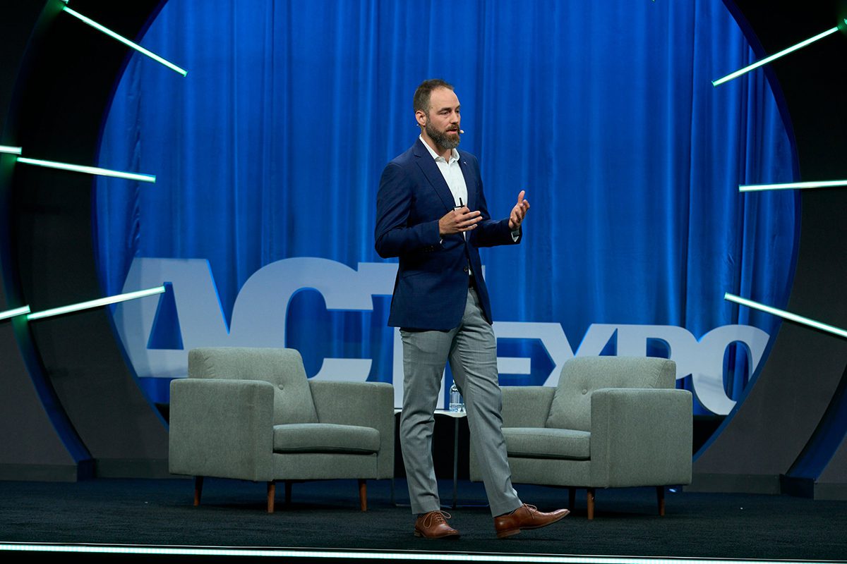 Dan Priestley, Tesla's Semi program's senior manager, giving a presentation at ACT Expo mainstage.